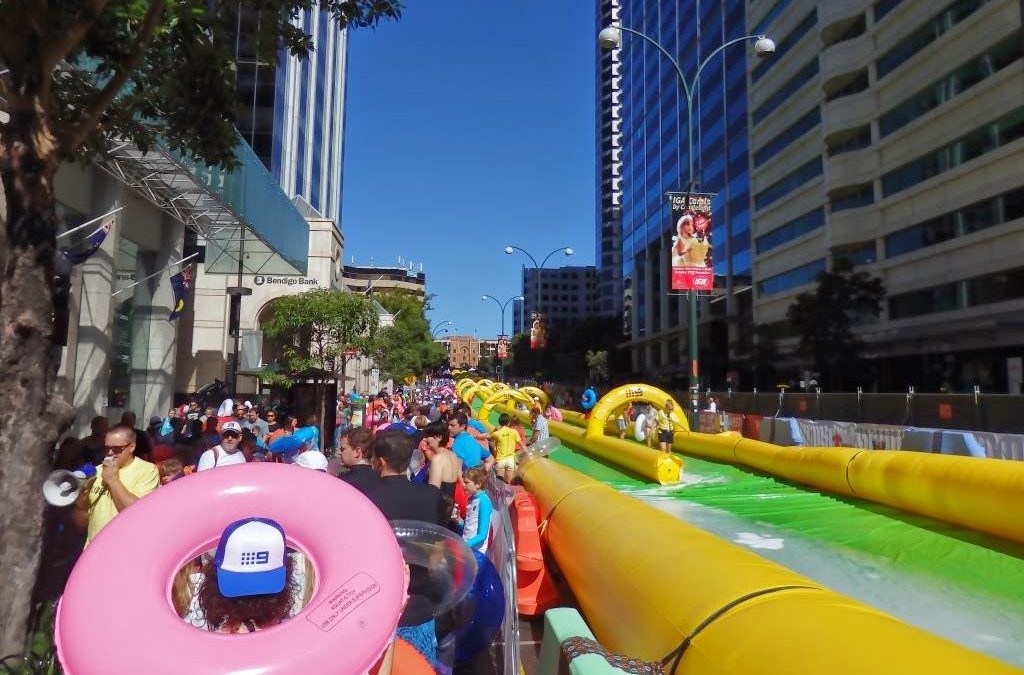 Backyard water slide on steroids (Slide Street Perth 2014)
